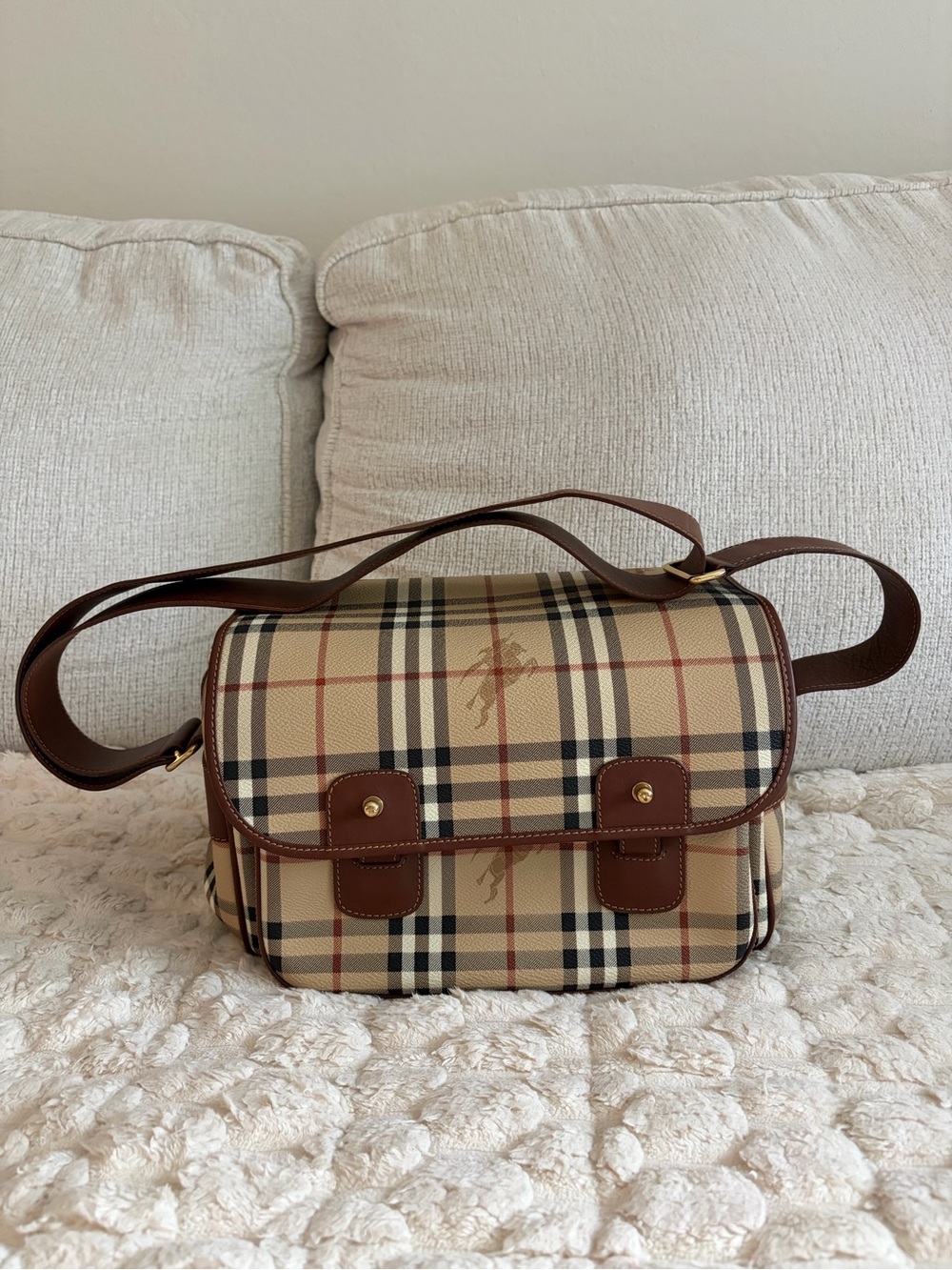 Burberry Beige Check Messenger Bag with Brown Trim